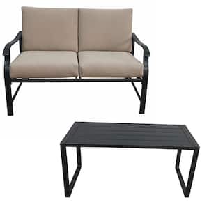 Black 1-Piece Metal Outdoor Loveseat with Brown Cushion and 1 Table