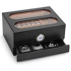 Cigar Humidor with Front Hygrometer - Spanish Cedar Humidor-Desktop with Drawers in Black