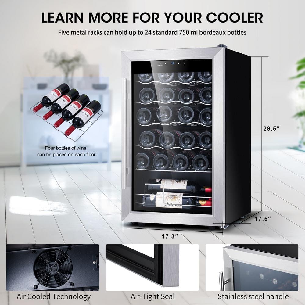 Stainless Steel 24-Bottle Freestanding Wine Cooler with LED Lighting
