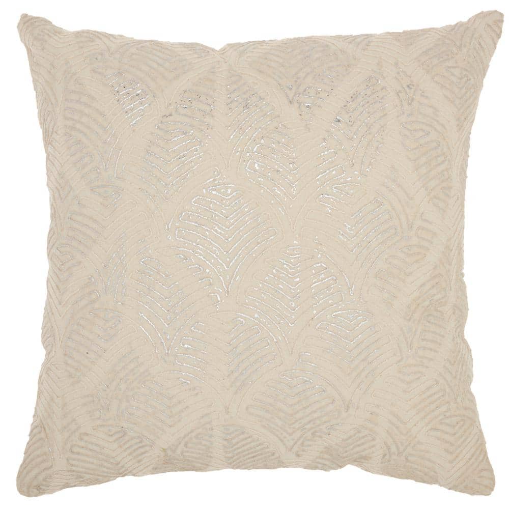 Ivory and Silver Embroidered Cotton Square Throw Pillow