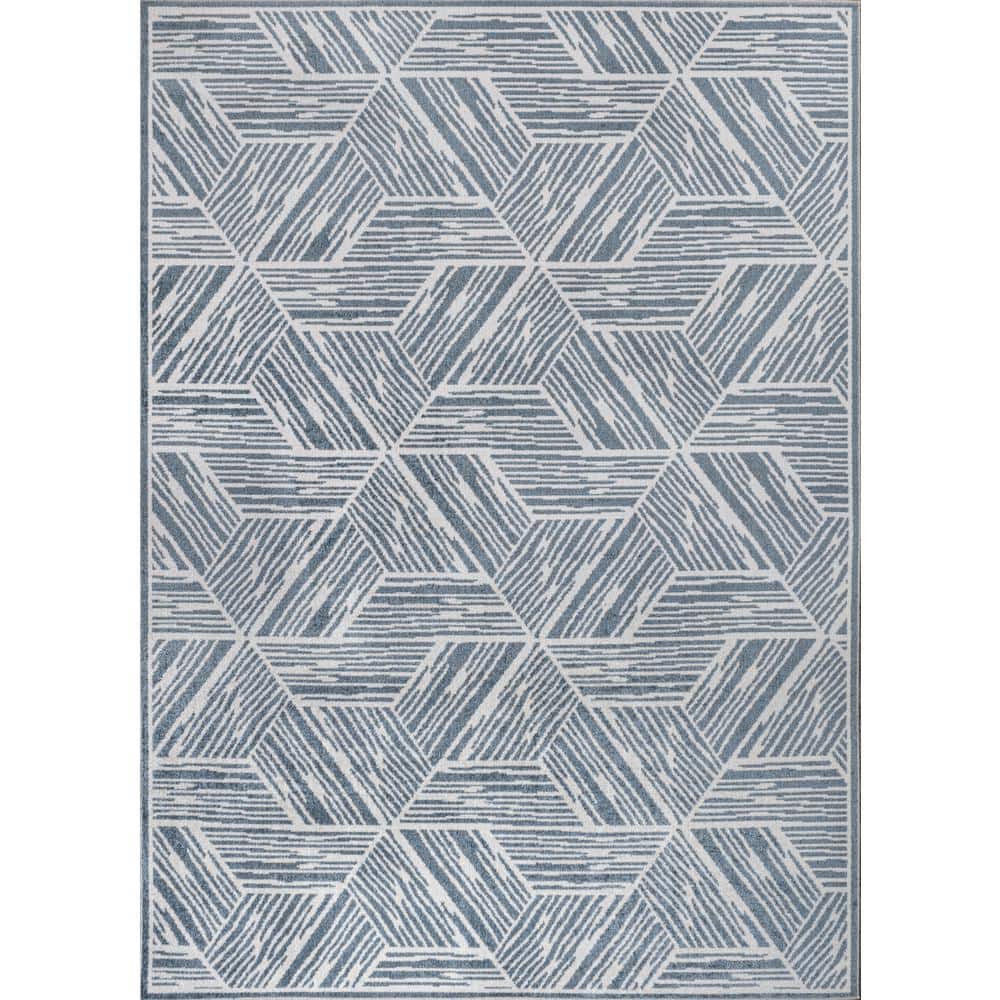 Blue and Cream Geometric Machine-Washable 4' x 6' Area Rug