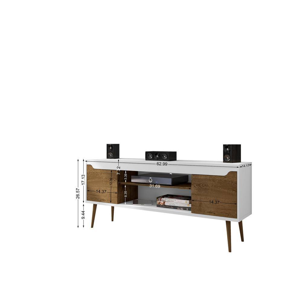 Bradley 63'' Glossy White and Rustic Brown Wood TV Stand with Cabinet