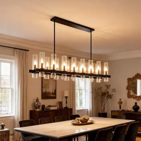 54 in. Black Chandelier Linear with Clear Glass Shade 16-Lights Ceiling Pendant Hanging, for Dining Room, Kitchen Island