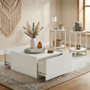 Elix 3-Piece 31.5 in. White Square Wood Coffee Table Set with 2 End Tables and Storage Drawers