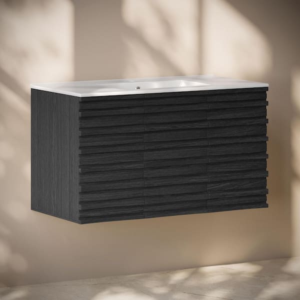 Cascade 36 in. Wall-Mounted Bath Vanity in Black Oak with White Ceramic Sink Top