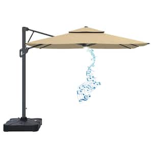 10x 10 ft. Outdoor Pneumatic Lever Cantilever Umbrella Patio Umbrella in Khaki w/Bluetooth Speaker, Lighting (With Base)