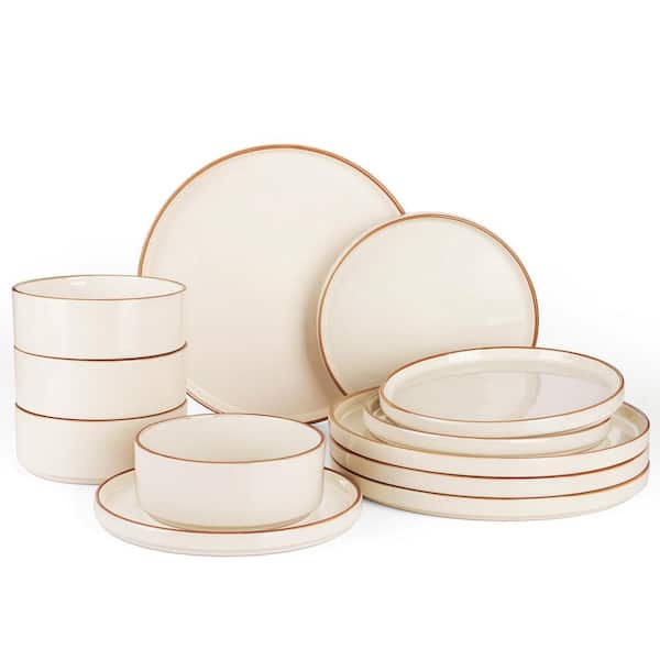 12-Piece Vanilla White with Brown Rim Stoneware Dinnerware Set (Service for 4), Scratch Resistant Surface, Space Saving