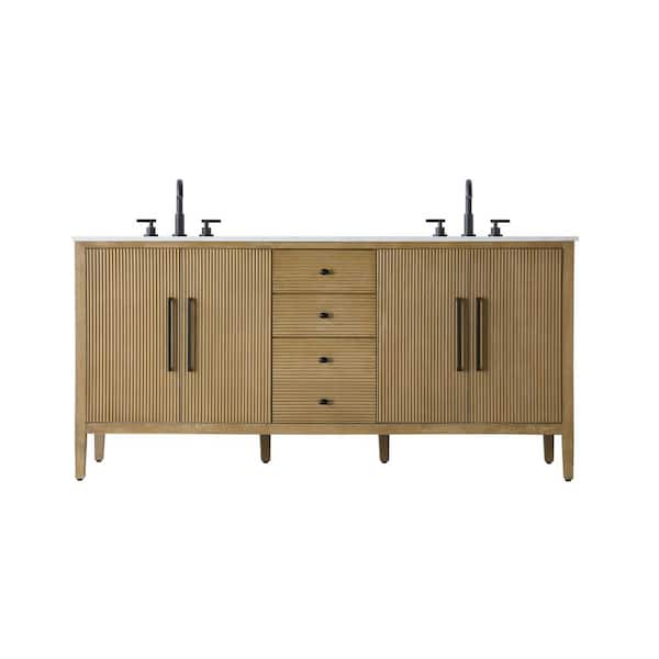 72 in. Double Sink Linen Oak Bath Vanity with White Engineered Marble Top