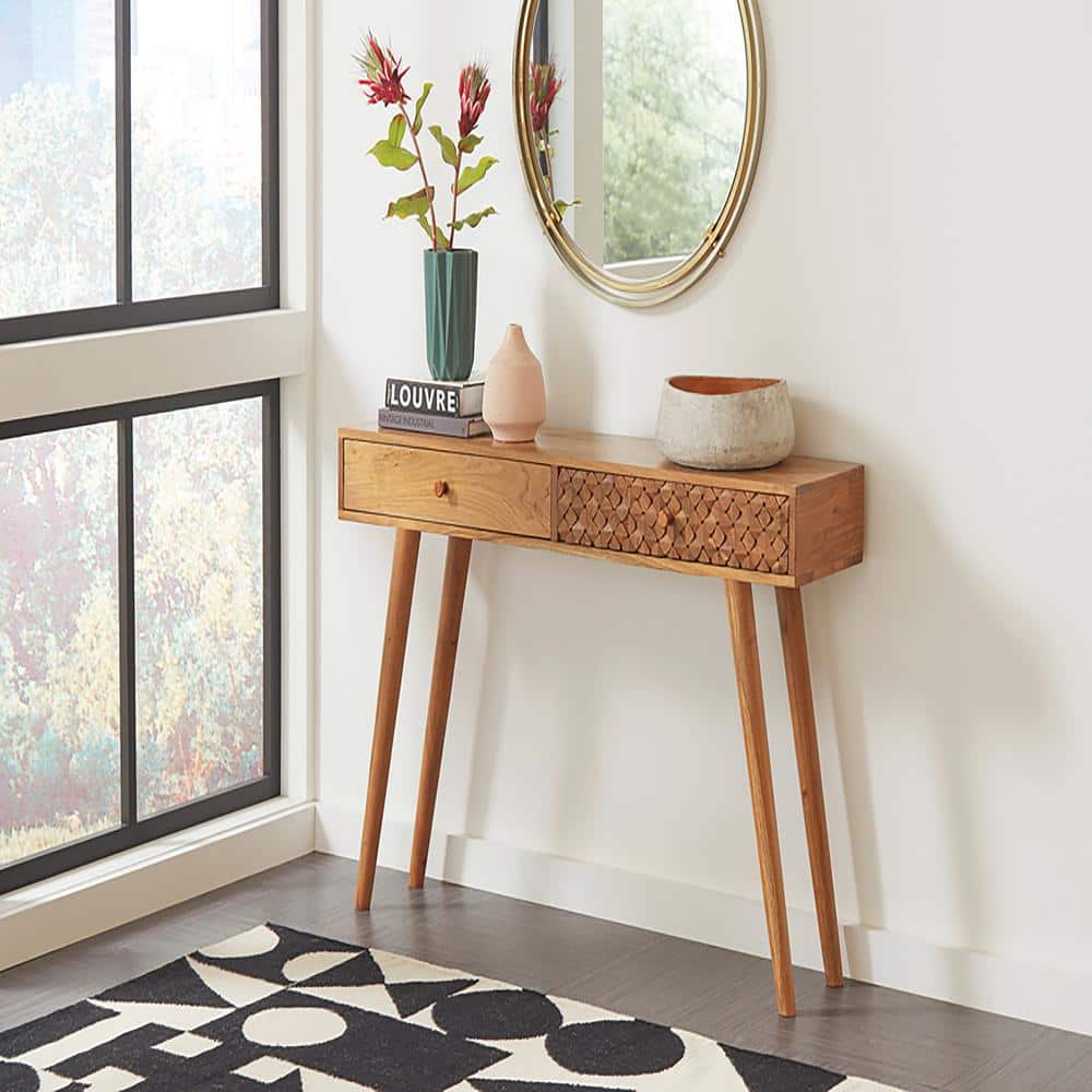 Natural Brown Acacia Wood Rectangular Console Table with Storage