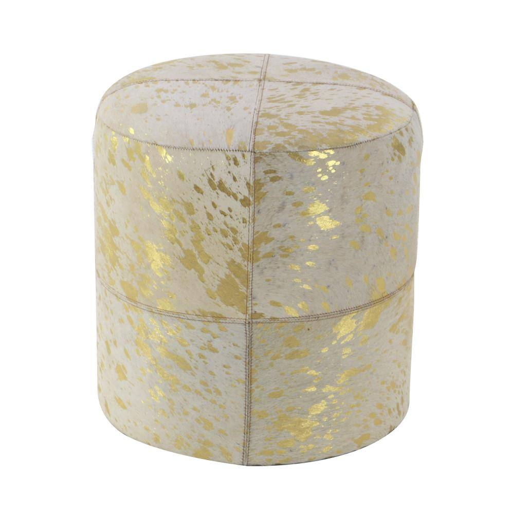 Elegant Gold Leather Round Pouf with Handmade Patchwork Design