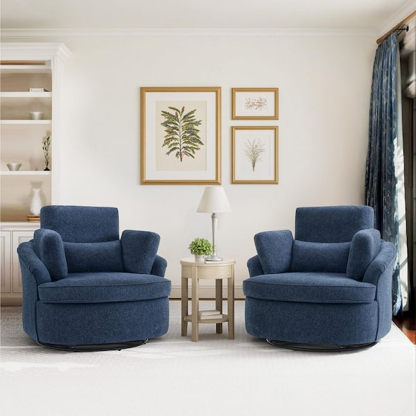 Cyris Oversized Blue Chenille Upholstered Swivel Accent Chair with 3 Removable Pillows Barrel Chair Set of 2