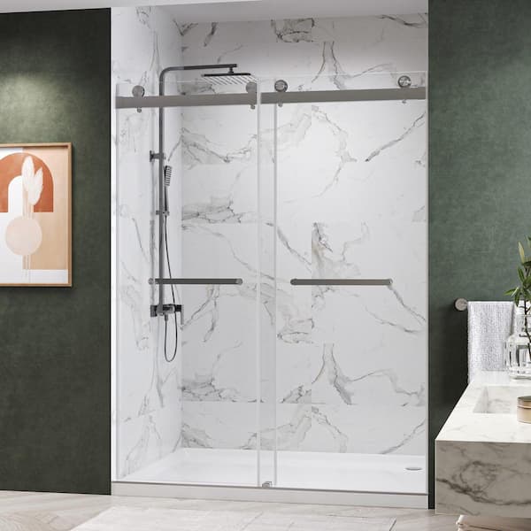 Kobiworks Catalyst-Plus 66 in. W x 76 in. H Sliding Frameless Shower Door Brushed Nickel w/ Soft Closing and 3/8 in. Clear Glass