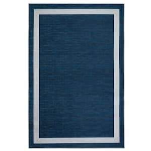 Everest Navy Creme 5 ft. 8 in. x 9 ft. Machine Washable Geometric Modern Border Polyester Non-Slip Backing Area Rug