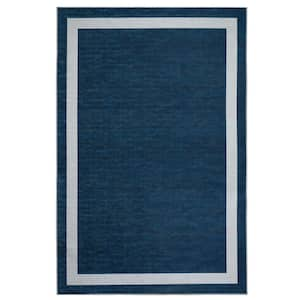 Everest Navy Creme 4 ft. x 6 ft. Machine Washable Geometric Modern Border Polyester Non-Slip Backing Area Rug