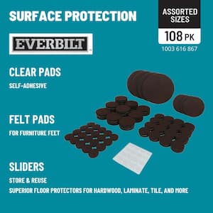Assorted Self-Adhesive Round Furniture Sliders, Felt Pads for Hard Floors and Surface Bumpers Value Pack (108-Piece)