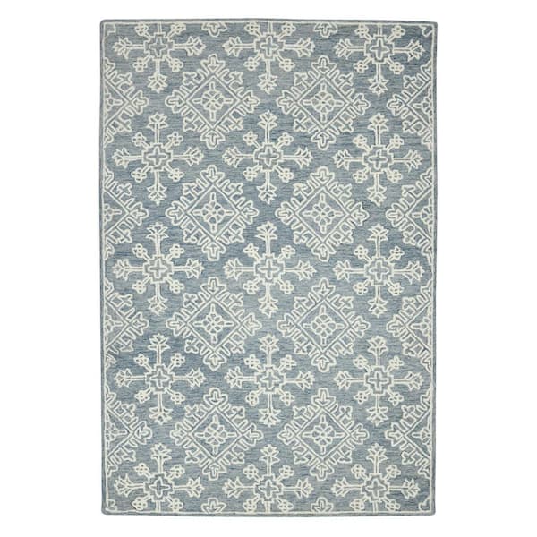 8 ft. x 10 ft. Sky Blue And Ivory Wool Oriental Hand Hooked Area Rug