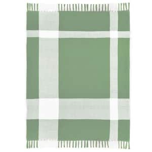 Hailee Light Green/White Hand-Woven Plaid Farmhouse Organic Cotton Throw Blanket