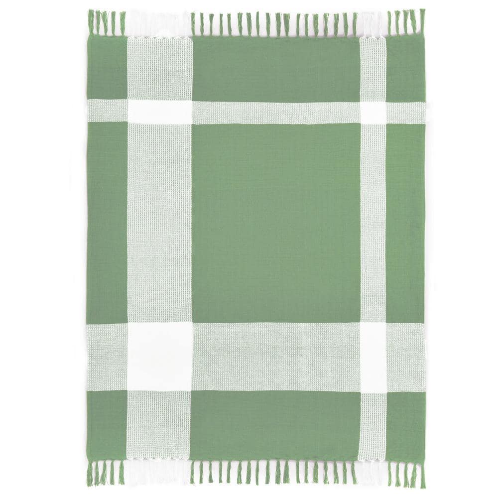 Hailee Light Green/White Hand-Woven Plaid Farmhouse All Natural Cotton Thro