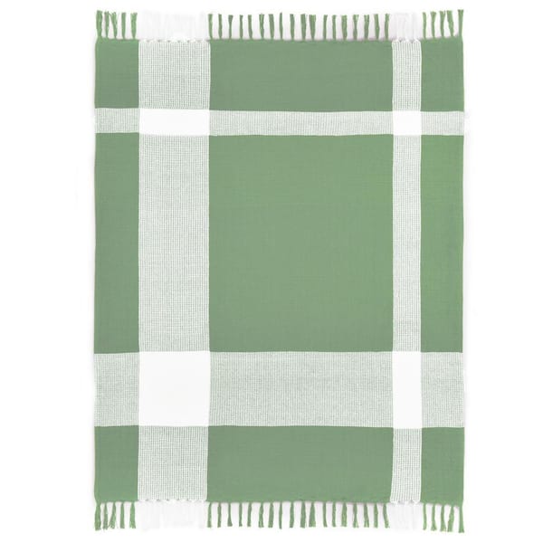 Unbranded Hailee Light Green/White Hand-Woven Plaid Farmhouse All Natural Cotton Throw Blanket