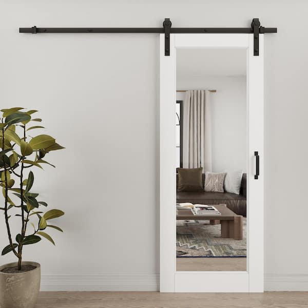 32 in. x 80 in. 1-Lite Tempered Clear Glass White Primed Solid Core MDF Sliding Barn Door with Hardware Kit