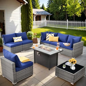 Helene Gray 8-Piece Wicker Outdoor Patio Conversation Sectional Sofa Set with a Metal Fire Pit and Navy Blue Cushions