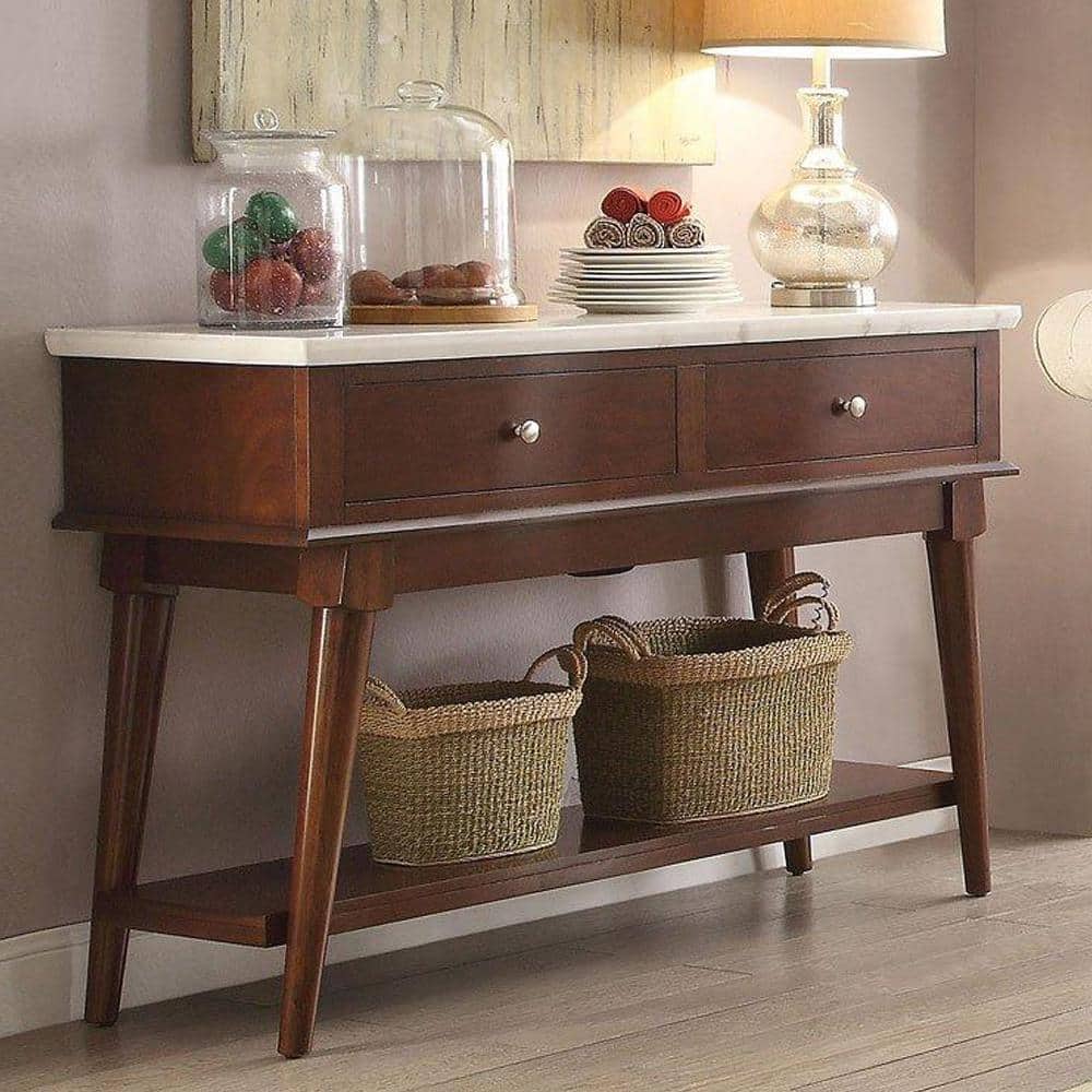 White Marble and Walnut 2-Drawer Server with Bottom Shelf