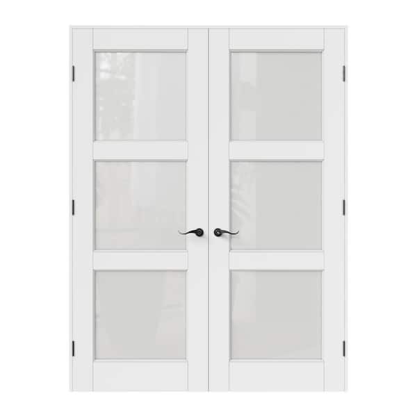 56 in. x 96 in. Universal Handed 3-Lite Frosted Glass White Solid Core MDF Double French Door with Quick Assemble Jamb