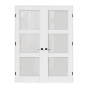 56 in. x 96 in. Universal Handed 3-Lite Frosted Glass White Solid Core MDF Double French Door with Quick Assemble Jamb