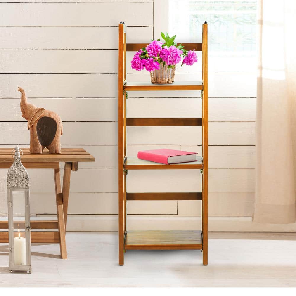 Honey Oak 3-Shelf Folding Wood Bookcase