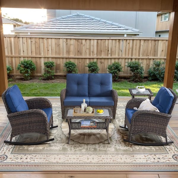 Brown 5-Piece Wicker Patio Conversation Set with Rocking Chairs, Outdoor Glider Seating Set with Navy Blue Cushions