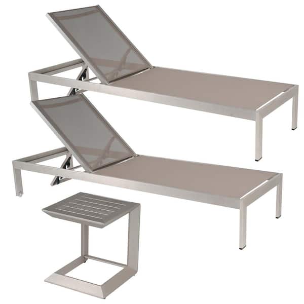 Angel Sar Silver 3-Piece Metal Outdoor Chaise Lounge with 5 Adjustable Backrest Positions and Coffee Table