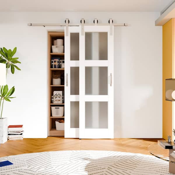 TENONER 56 in. x 80 in. (Double 28 in. ), White 3-Lite Frosted Glass Solid Wood Barn Door Slab with Bypass Hardware Kit Set