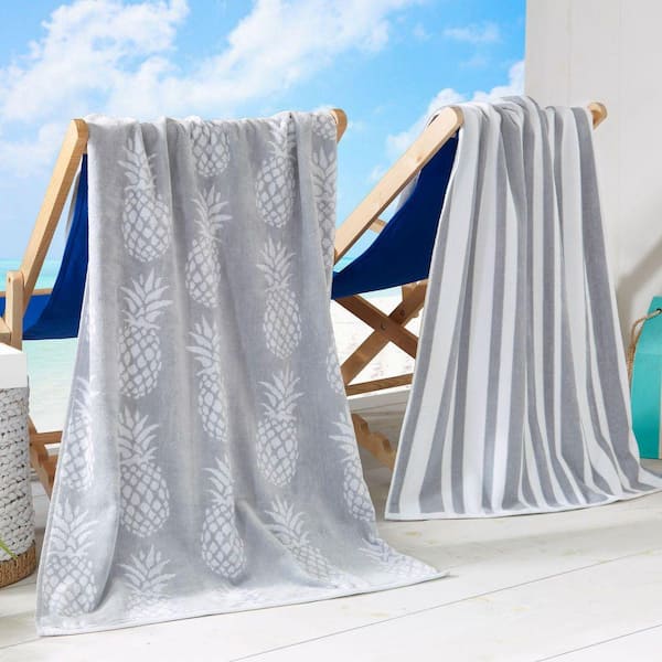 Grey/White Pineapple and Stripe 2-Pack 100% Cotton Printed Beach Towel