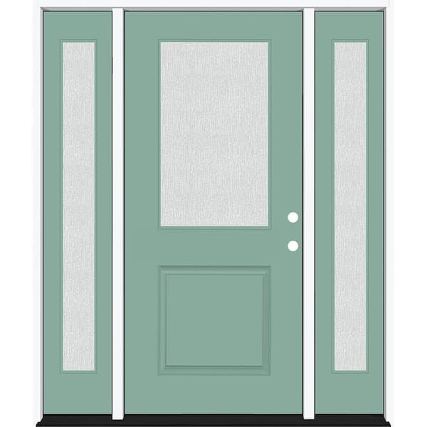 Steves & Sons Legacy 64 in. x 80 in. 1/2 Lite Rain Glass LHIS Primed Quarry Finish Fiberglass Prehung Front Door w/Dbl 12 in. SL