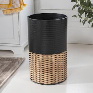 Asher Modern 4.13 Gal. 2-Tone Faux Wicker/Metal Cylinder Waste Basket, Black/Natural