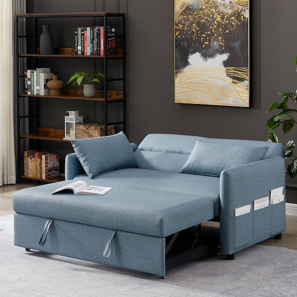 de studie sarcoom bereiken KINWELL 57 in. Blue Modern Convertible Full Size Pull Out Faux Leather Sleeper  Sofa Bed Reclining with Adjustable Backrest BSC087-BU - The Home Depot