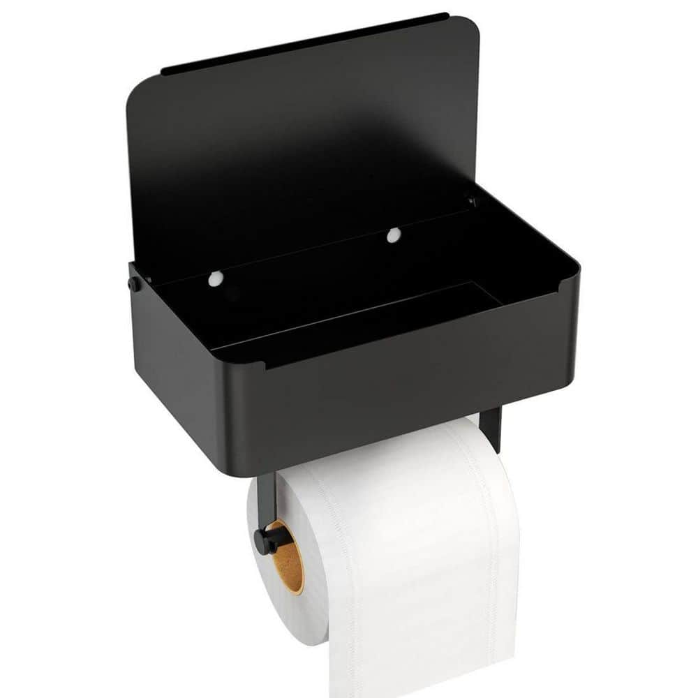 Black Toilet Paper Holder With Shelf Box And Storage For Bathroom Phone Rack