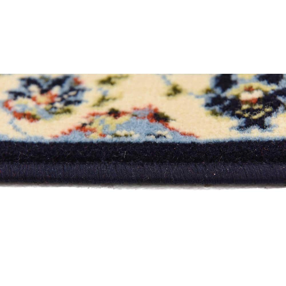 Navy Blue and Beige Floral Synthetic Runner Rug