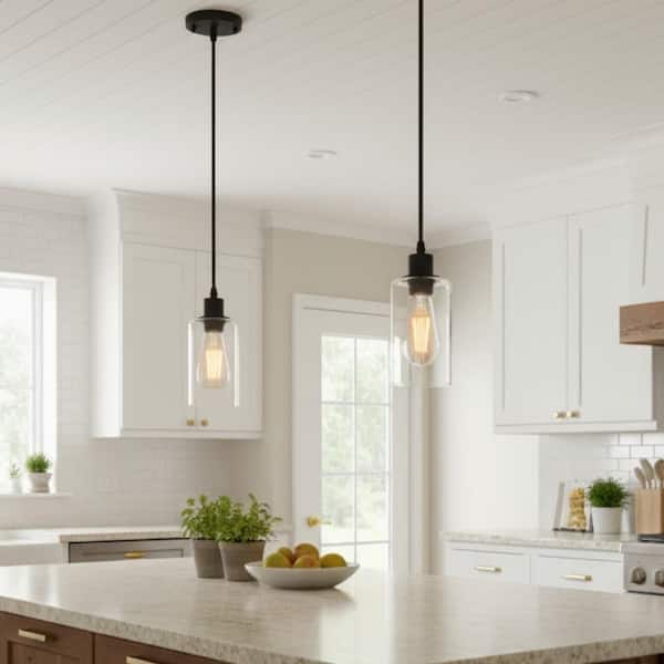 4 in. 1-Light Matte Black Industrial Pendant Light, Modern Farmhouse Hanging Fixture for Kitchen Island(2-Pack)