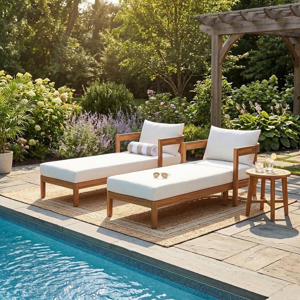 Royce Acacia Wood Teak Patio Outdoor Chaise Lounge with Curved Frame, Patio Reclining Daybed, Cream Cushion (Set of 2) price history on PriceWatchPro