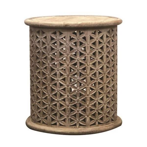 Benjara 20 in. Gray Round Wood End Table with Carved Tessellated Pattern