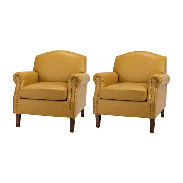 JAYDEN CREATION Gianluigi Yellow Vegan Leather Armchair with Rolled Arms and Nailhead Trim Set of 2