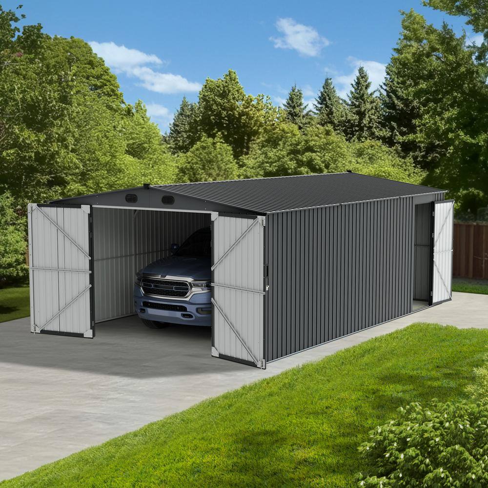 Dark Gray 13' x 20' Metal Outdoor Storage Shed with Double Doors