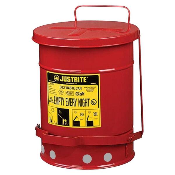 Pack of 4 ventilated Bottom; Reinforced ribs; Self-closing; UL listed; FM approved; Capacity 6 gal. Justrite Galvanized-steel; Safety cans; For Oily waste; Red; Foot Operated cover; Raised