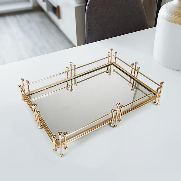 LIVING LUXURY Radiant 15 in. Gold Rectangle Metal Mirror Decorative Tray