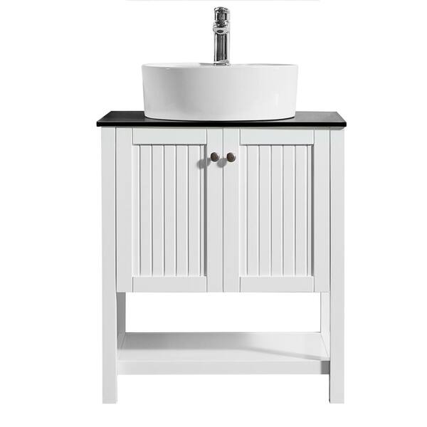 ROSWELL Modena 28 in. Vanity in White with Tempered Glass Vanity Top in Black with White Vessel Sink