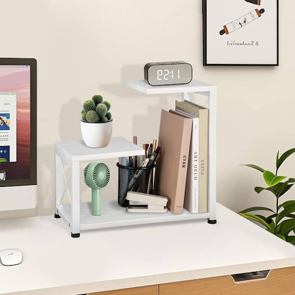 White 13 in. x 13.2 in. Wood Desk Organizer Shelf with Metal Frame