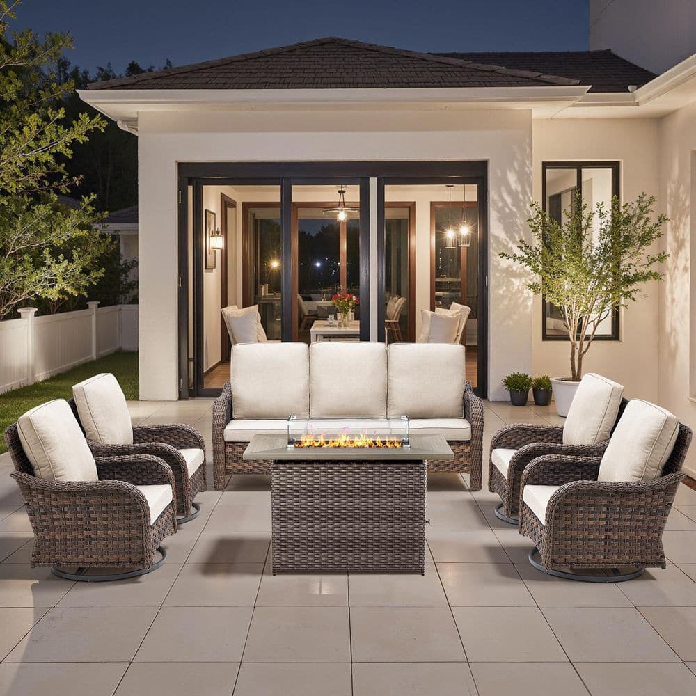 Rainf 6-Piece Wicker Patio Conversation Sets with Fire Pit Table, Rattan Sofa Swivel Rocker Chairs with Beige Cushions price history on PriceWatchPro