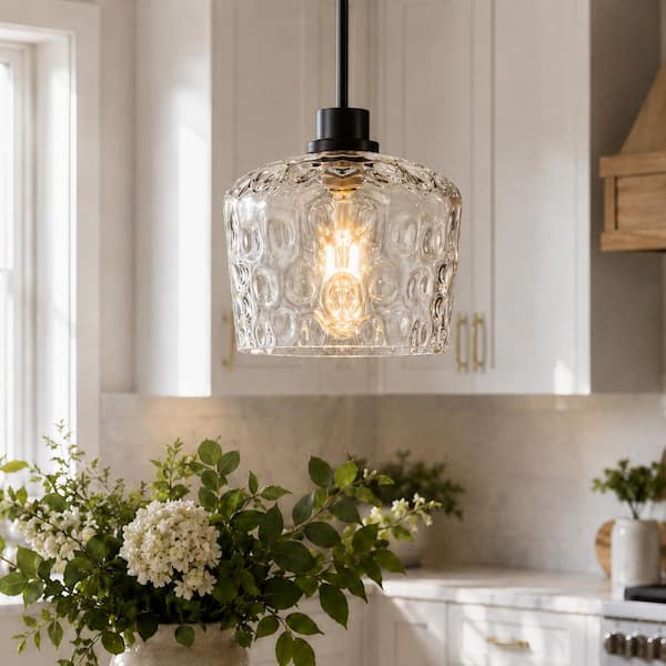 RayHome 1-Light Modern Black Adjustable Height Pendant Light with Hand-Blow Hammered Glass for Kitchen Island Bedroom
