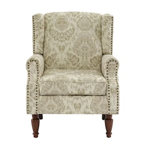 Retro White Floral Pattern Linen Nailhead Trim Upholstered High Back Accent Arm Chair With Wood Legs(Set of 1)